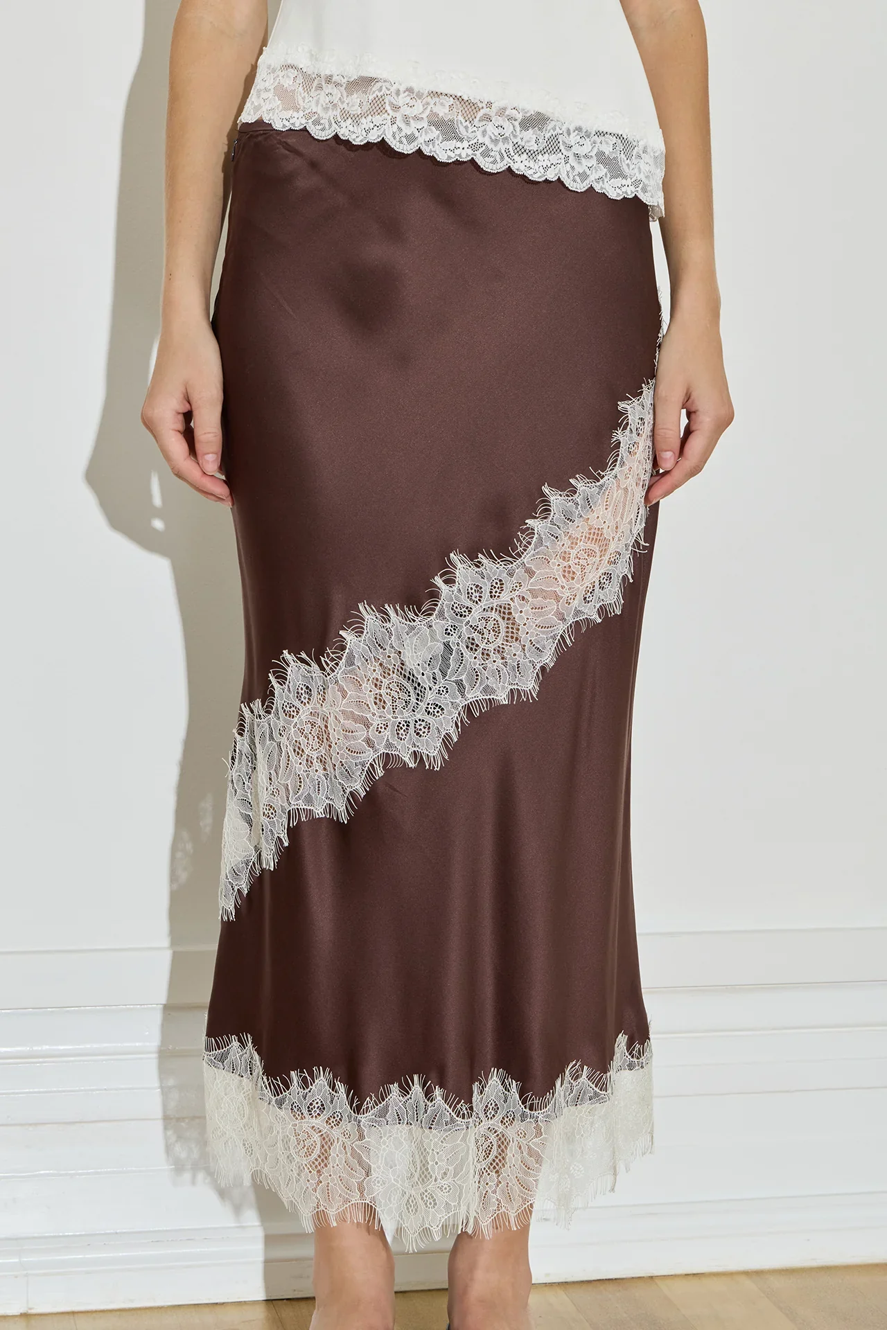 Silk Lace Midi Skirt - Chocolate Cream - Image 3